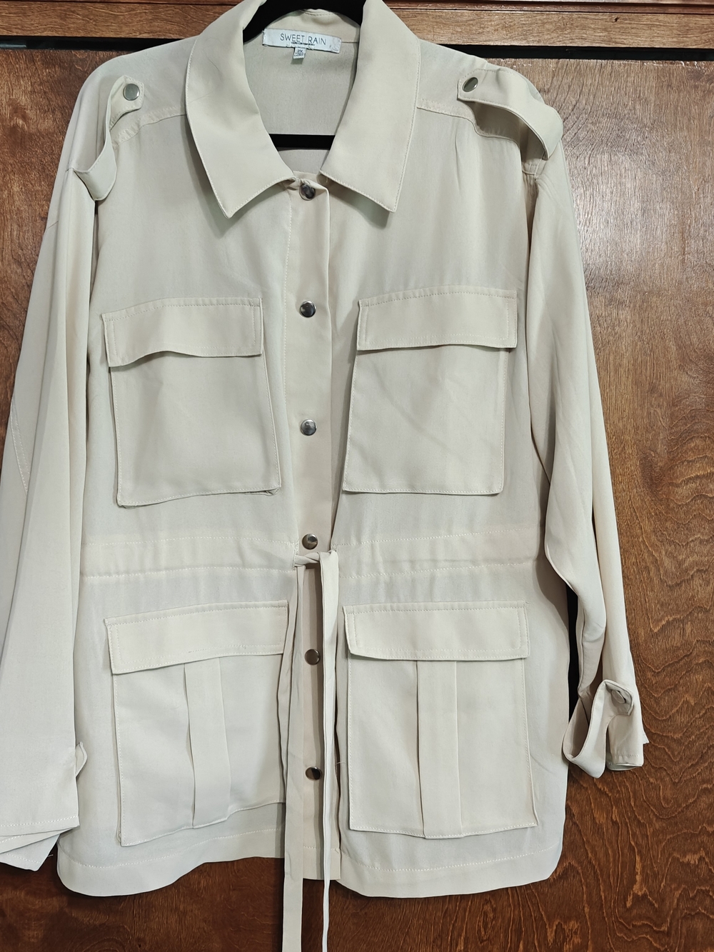 Sweet Rain Neutral Beige Shirt Jacket with Waist Tie